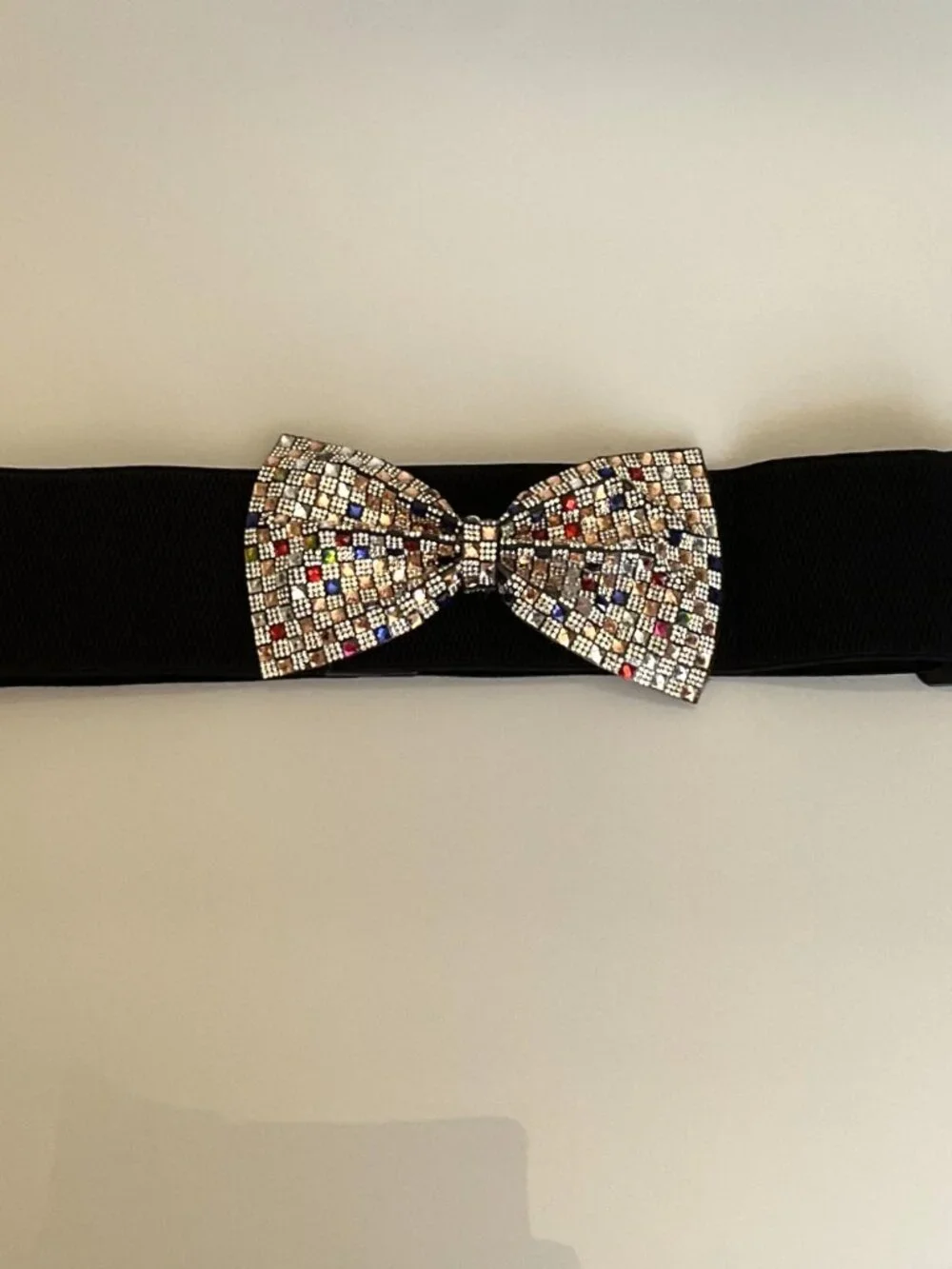 NWT Y2K Glam Multicolor Rhinestone Bow Elastic Waist Belt Black M/L Party
